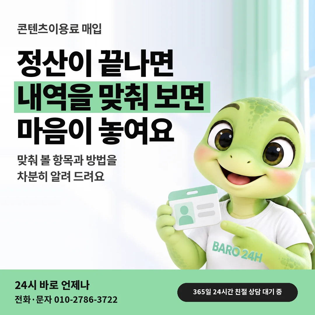 신분증을 든 BARO 24H 티셔츠를 입은 3D 거북이 캐릭터 옆에 「결제 뒤 내역 맞춰 보기」 제목을 얹은 안내 카드
