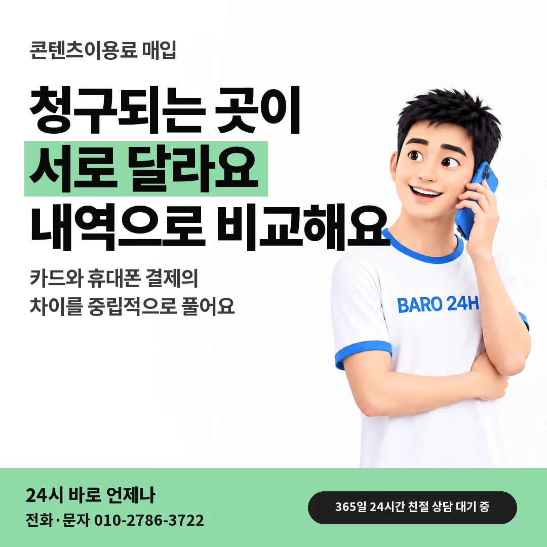 BARO 24H 티셔츠를 입은 3D 인물 옆에 「카드깡과 휴대폰 결제의 차이」 제목을 얹은 안내 카드