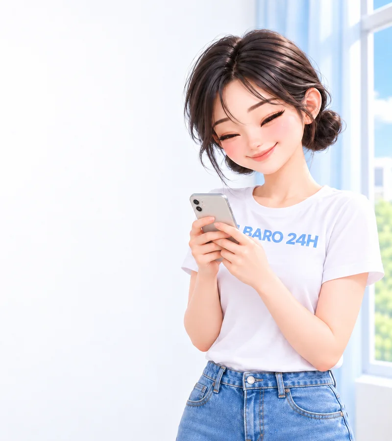 휴대폰을 들고 상담을 안내하는 BARO 24H 티셔츠 차림의 20대 3D 인물
